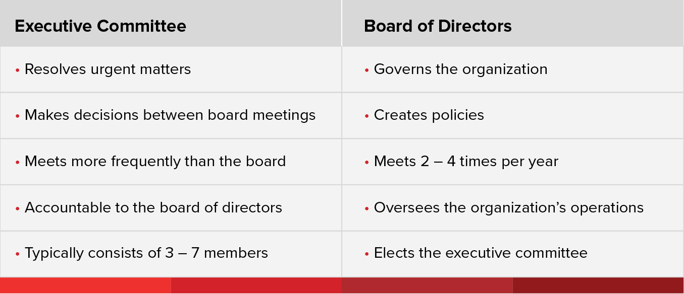 Executive committee: Resolves urgent matters, Makes decisions between board meetings, Meets more frequently than the board, Accountable to the board of directors, Typically consists of 3 – 7 members Board of Directors: Governs the organization, Creates policies, Meets 2 – 4 times per year, Oversees the organization’s operations, Elects the executive committee