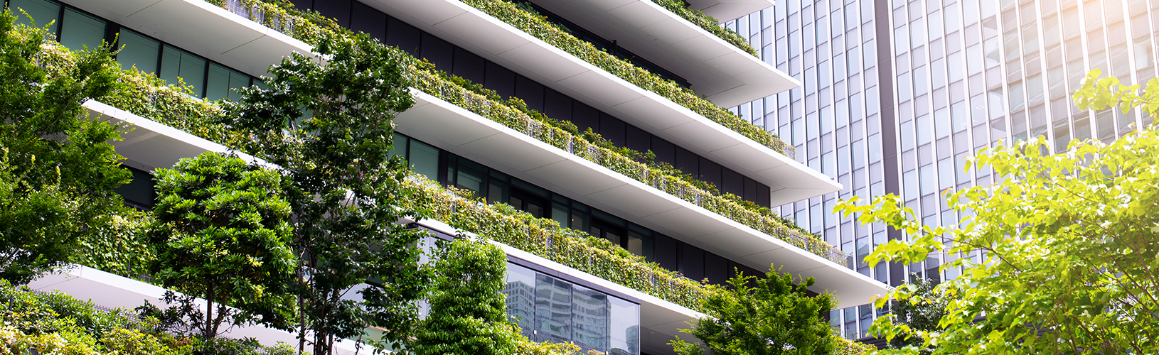 A green office building whose company cares about the shift to ESG